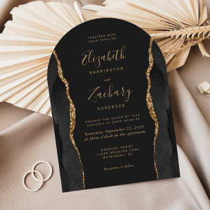Modern Black Gold Agate Dark Arch Wedding Invitation