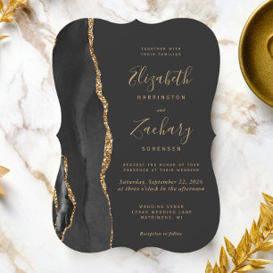 Modern Black Gold Agate Dark Bracket Wedding Invitation