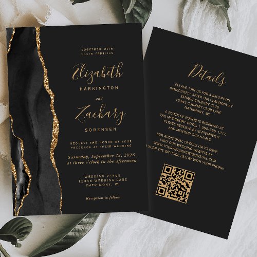Modern Black Gold Agate Dark QR Code Wedding Invitation