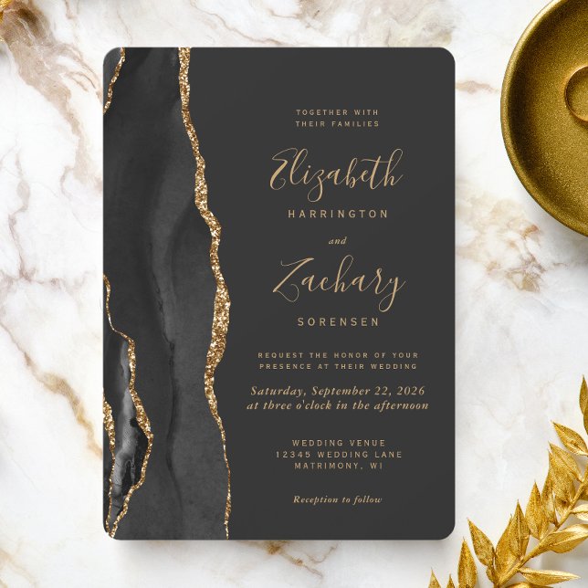 Modern Black Gold Agate Dark Rounded Wedding Invitation (Creator Uploaded)