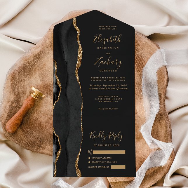 Modern Black Gold Agate Dark Wedding All In One Invitation (Creator Uploaded)