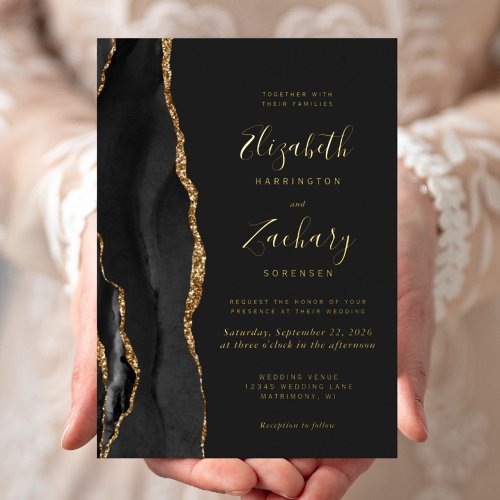 Modern Black Gold Agate Dark Wedding Foil Invitation