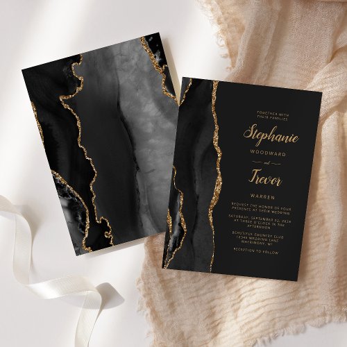 Modern Black Gold Agate Dark Wedding Invitation