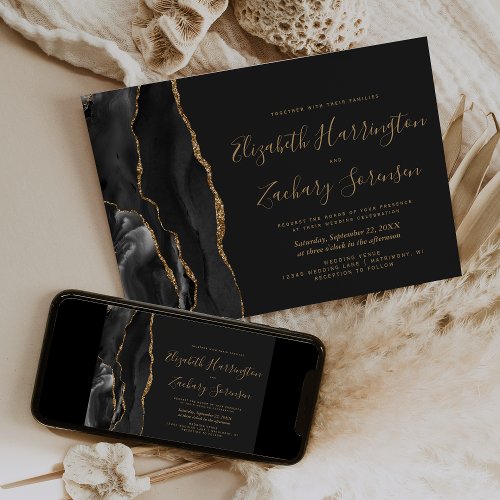 Modern Black Gold Agate Dark Wedding Invitation