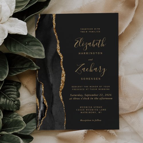 Modern Black Gold Agate Dark Wedding Invitation