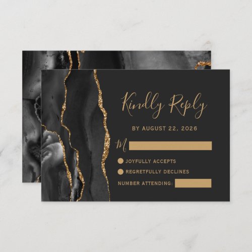 Modern Black Gold Agate Dark Wedding RSVP Enclosure Card