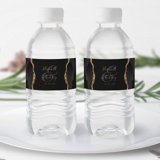 Modern Black Gold Agate Dark Wedding Water Bottle Label (Creator Uploaded)