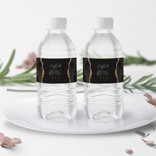 Modern Black Gold Agate Dark Wedding Water Bottle Label