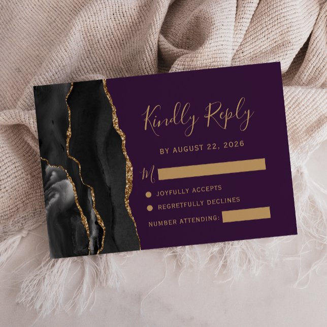 Modern Black Gold Agate Deep Purple Wedding RSVP Card (Creator Uploaded)
