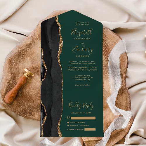 Modern Black Gold Agate Emerald Green Wedding All In One Invitation