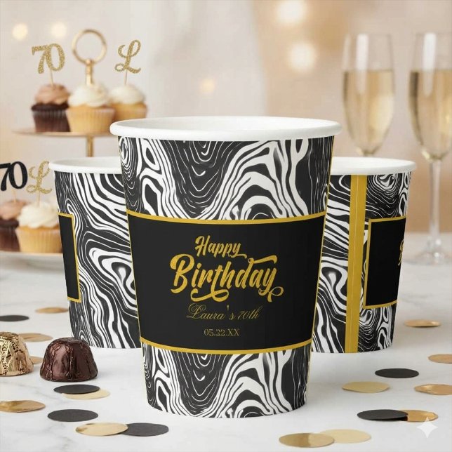 Modern Black & Gold Agate Happy Birthday  Paper Cups (Creator Uploaded)