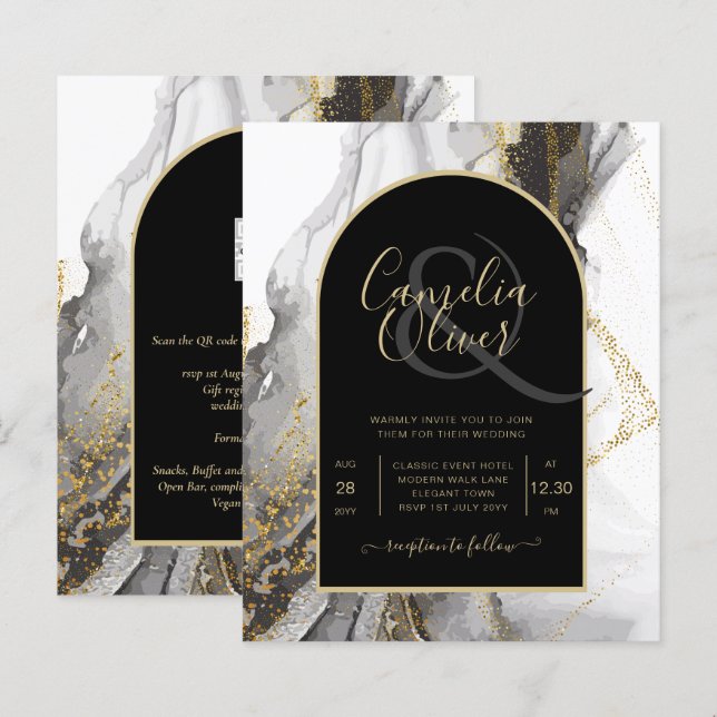 Modern Black Gold Agate Marble Glitter Wedding (Front/Back)