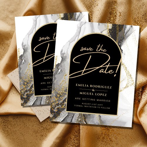 Modern Black Gold Agate Marble Glitter Wedding Flyer