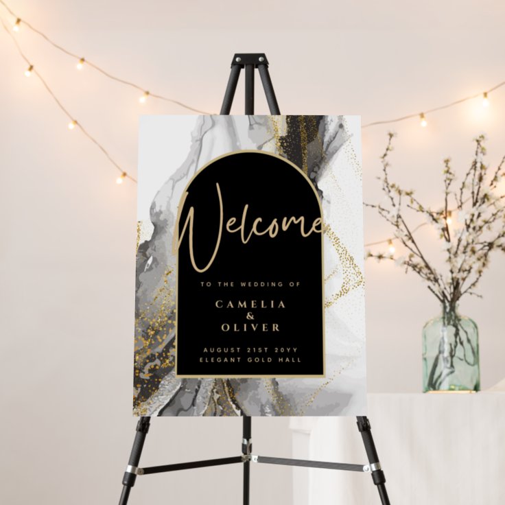 Modern Black Gold Agate Marble Glitter Wedding Foam Board | Zazzle