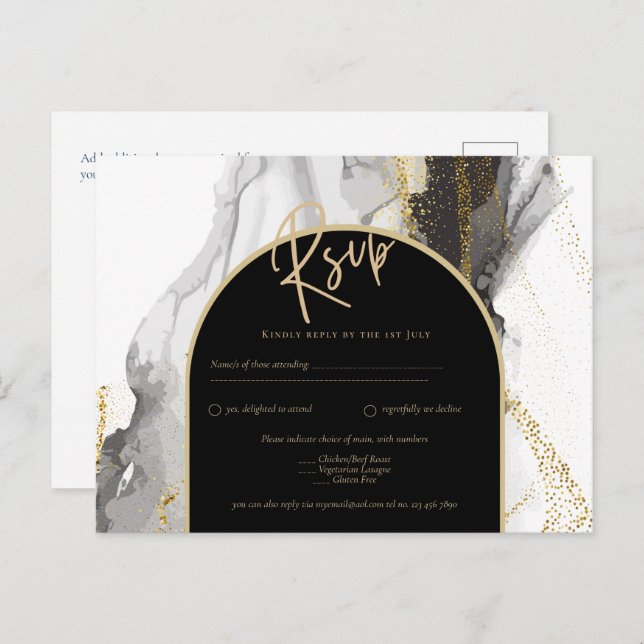 Modern Black Gold Agate Marble Glitter Wedding Postcard (Front/Back)