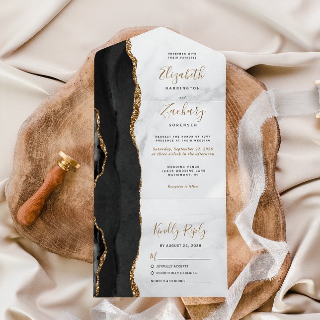 Modern Black Gold Agate Marble Wedding All In One Invitation (Creator Uploaded)