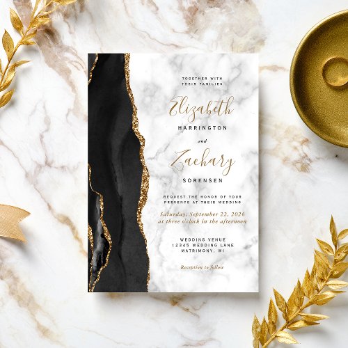 Modern Black Gold Agate Marble Wedding Invitation