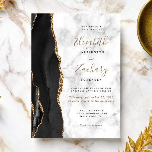 Modern Black Gold Agate Marble Wedding Invitation (Creator Uploaded)