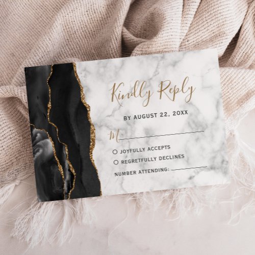 Modern Black Gold Agate Marble Wedding RSVP Card