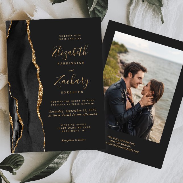 Modern Black Gold Agate Photo Dark Wedding Invitation (Creator Uploaded)