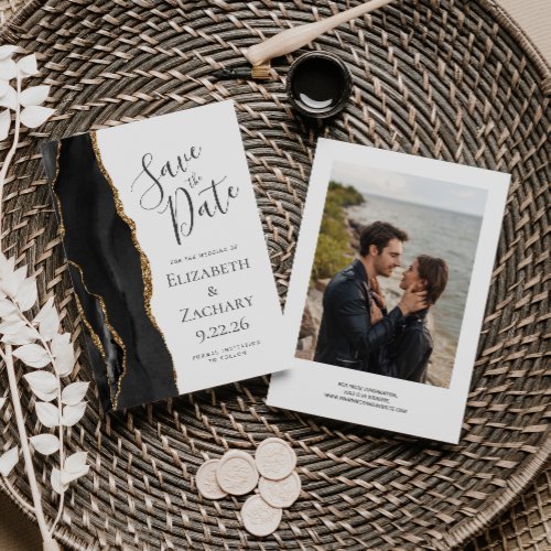 Modern Black Gold Agate Photo Save the Date