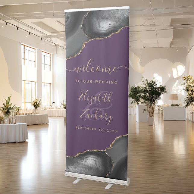 Modern Black Gold Agate Purple Wedding Welcome Retractable Banner (Creator Uploaded)