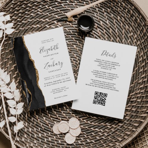 Modern Black Gold Agate QR Code Wedding Invitation