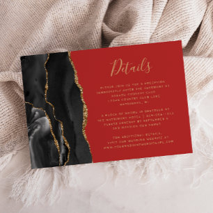 Modern Black Gold Agate Red Wedding Details Enclosure Card