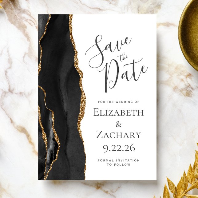 Modern Black Gold Agate Save the Date Card (Creator Uploaded)