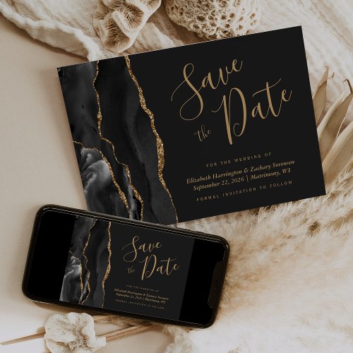 Modern Black Gold Agate Save the Date Card