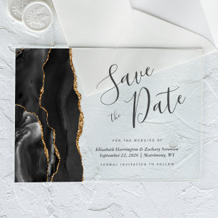 Modern Black Gold Agate Save the Date Card