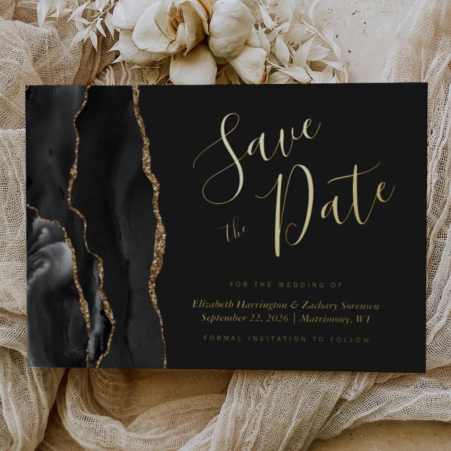 Modern Black Gold Agate Save the Date Foil Invitation (Creator Uploaded)