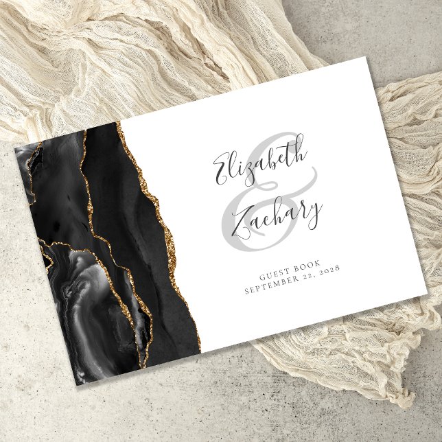 Modern Black Gold Agate Script Guest Book (Creator Uploaded)