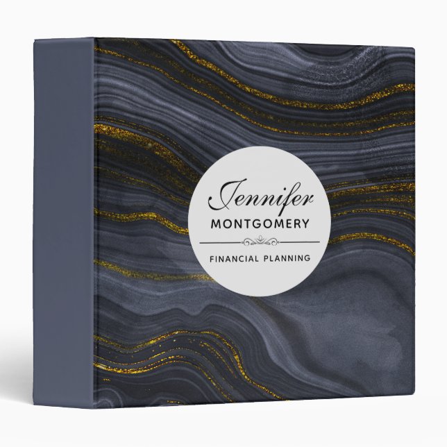 Modern Black & Gold Agate Stone Abstract 3 Ring Binder (Front/Spine)