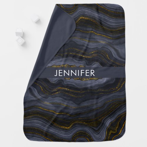 Modern Black  Gold Agate Stone Abstract Baby Blanket
