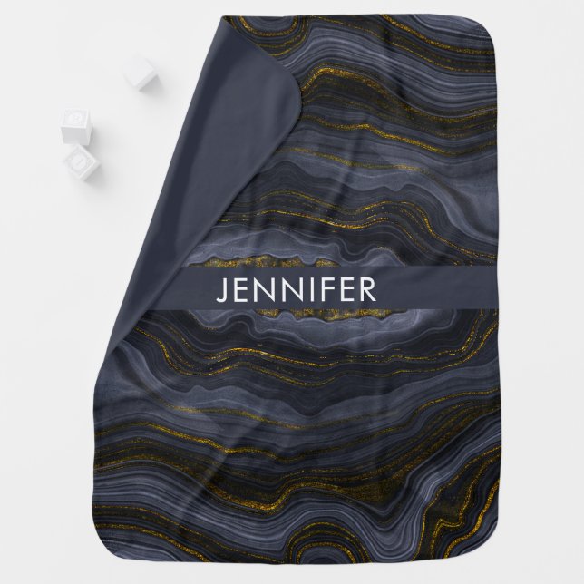Modern Black & Gold Agate Stone Abstract Baby Blanket (In Situ)