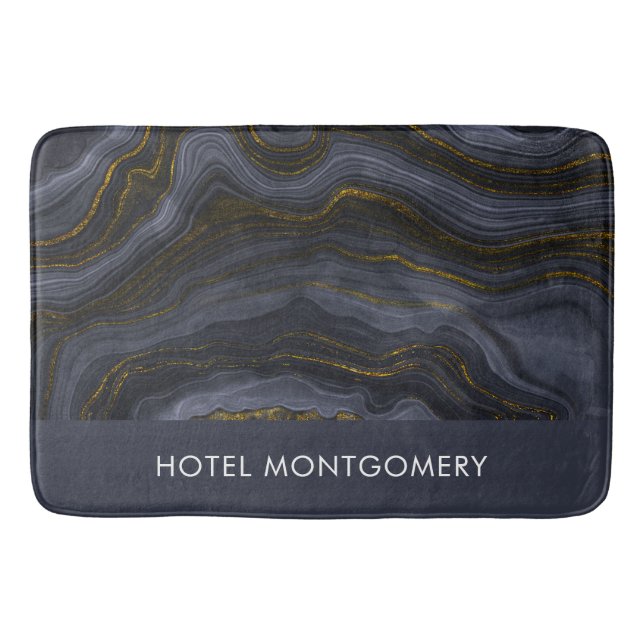 Modern Black & Gold Agate Stone Abstract Bath Mat (Front)