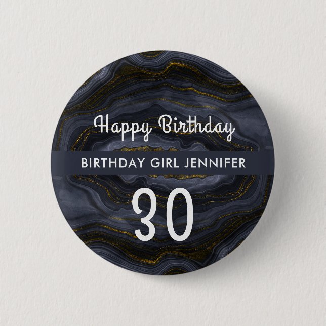 Modern Black & Gold Agate Stone Abstract Birthday Button (Front)