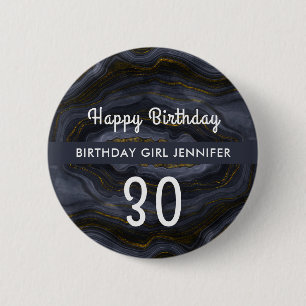 Modern Black & Gold Agate Stone Abstract Birthday Button