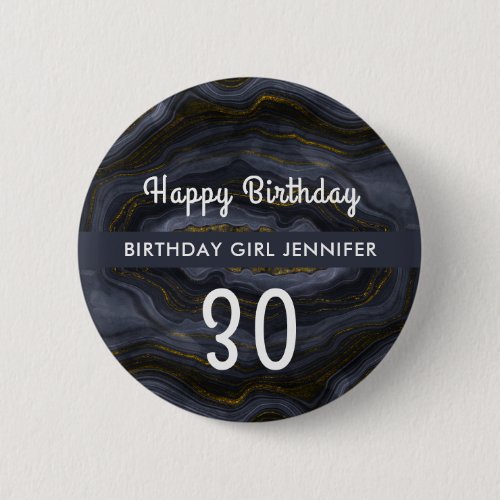 Modern Black  Gold Agate Stone Abstract Birthday Button