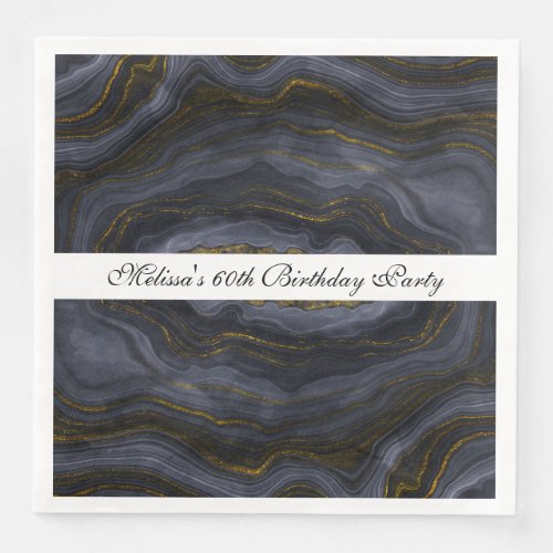 Modern Black  Gold Agate Stone Abstract Birthday Paper Dinner Napkins