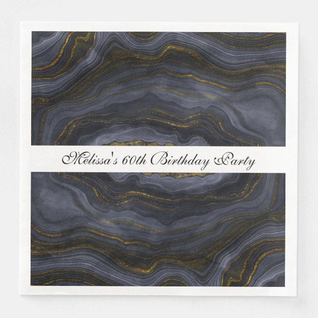 Modern Black & Gold Agate Stone Abstract Birthday Paper Dinner Napkins (Front)
