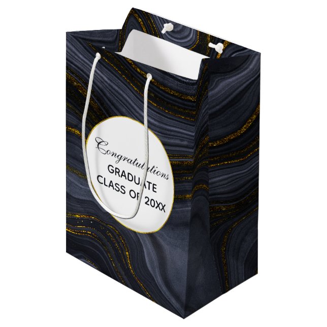 Modern Black & Gold Agate Stone Abstract Graduate Medium Gift Bag (Front Angled)