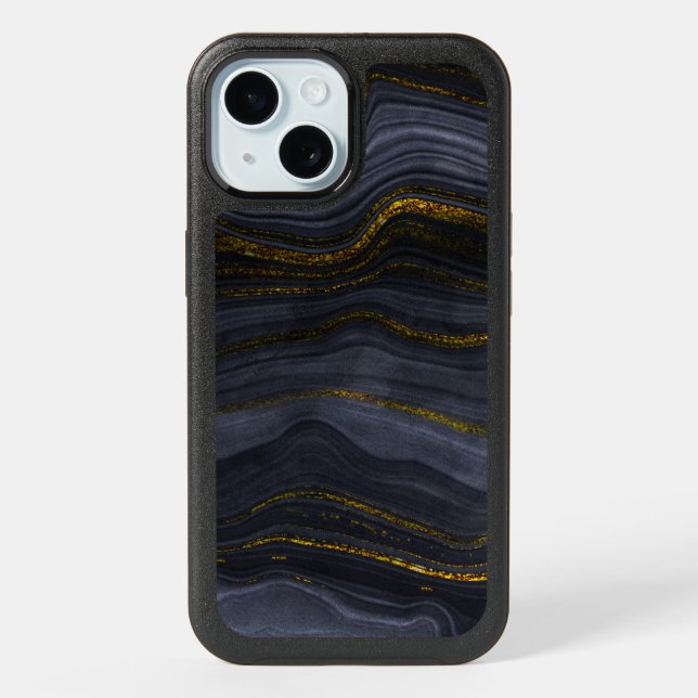 Modern Black & Gold Agate Stone Abstract iPhone 15 Case (Back)
