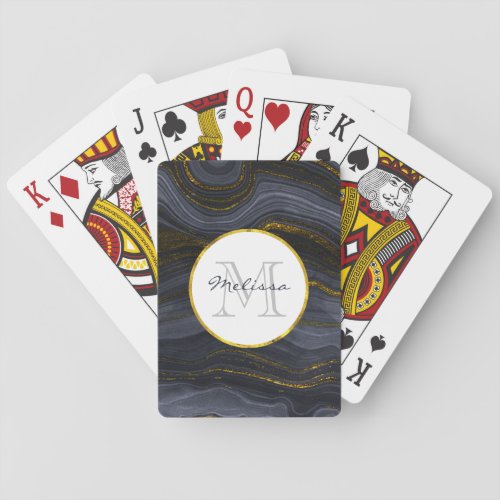 Modern Black  Gold Agate Stone Abstract Monogram Poker Cards