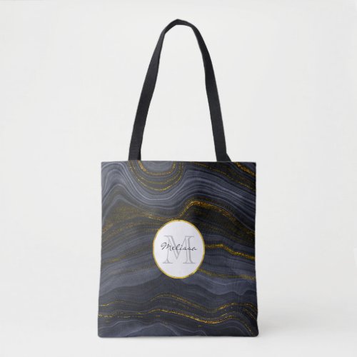 Modern Black  Gold Agate Stone Abstract Monogram Tote Bag