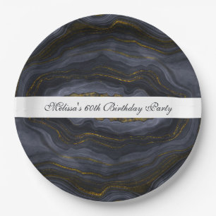Modern Black & Gold Agate Stone Abstract Paper Plates