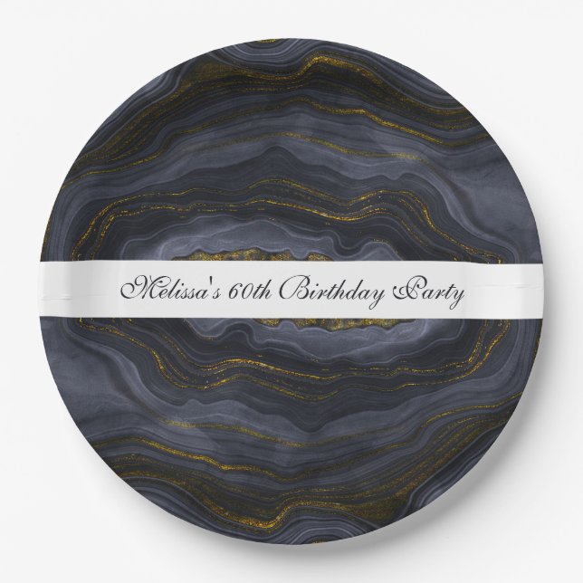 Modern Black & Gold Agate Stone Abstract Paper Plates (Front)