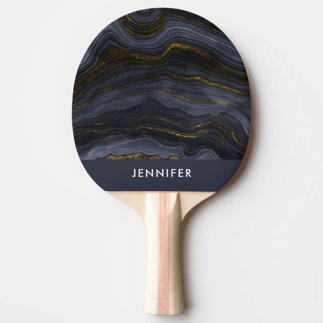 Modern Black & Gold Agate Stone Abstract Ping Pong Paddle (Front)