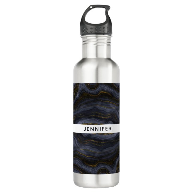 Modern Black & Gold Agate Stone Abstract Stainless Steel Water Bottle (Front)